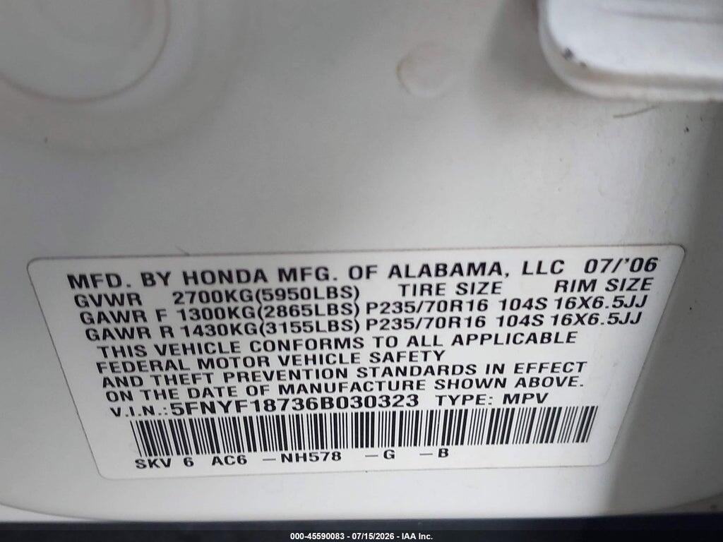 5FNYF18736B030323 2006 HONDA PILOT photo no. 9