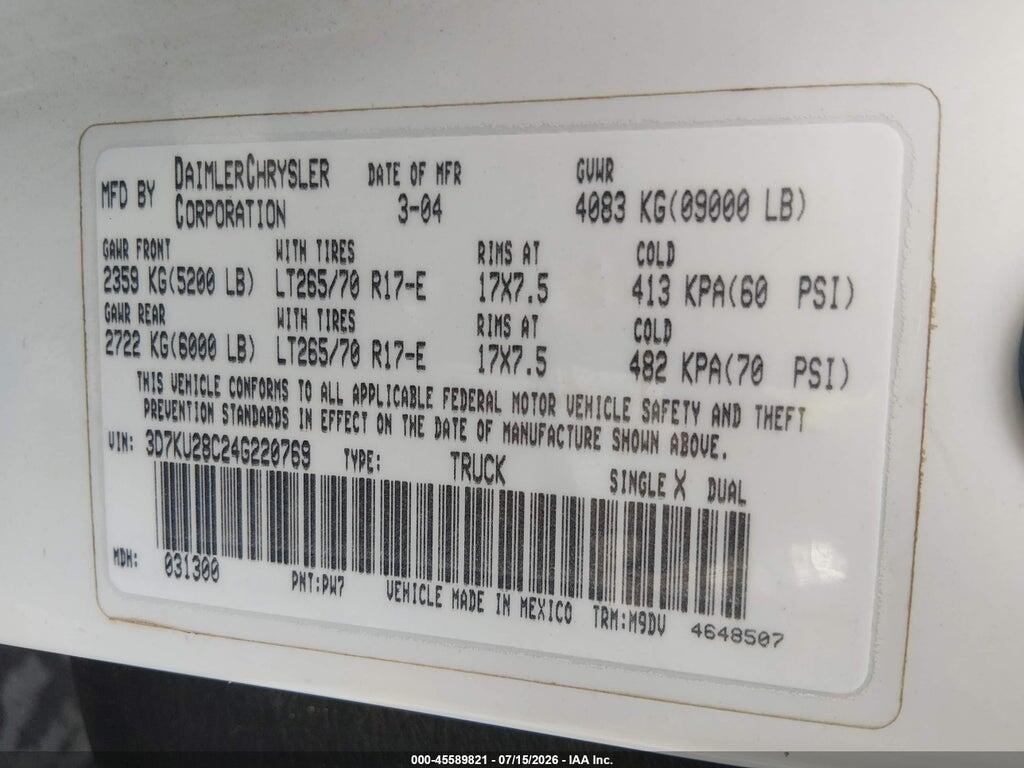 3D7KU28C24G220769 2004 DODGE RAM 2500 photo no. 9