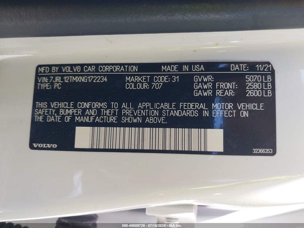 7JRL12TMXNG172234 2022 VOLVO S60 photo no. 9