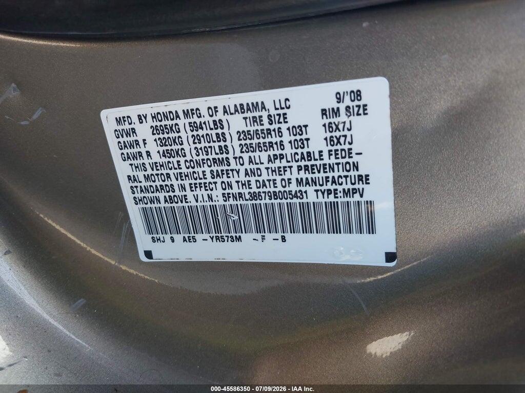 5FNRL38679B005431 2009 HONDA ODYSSEY photo no. 9