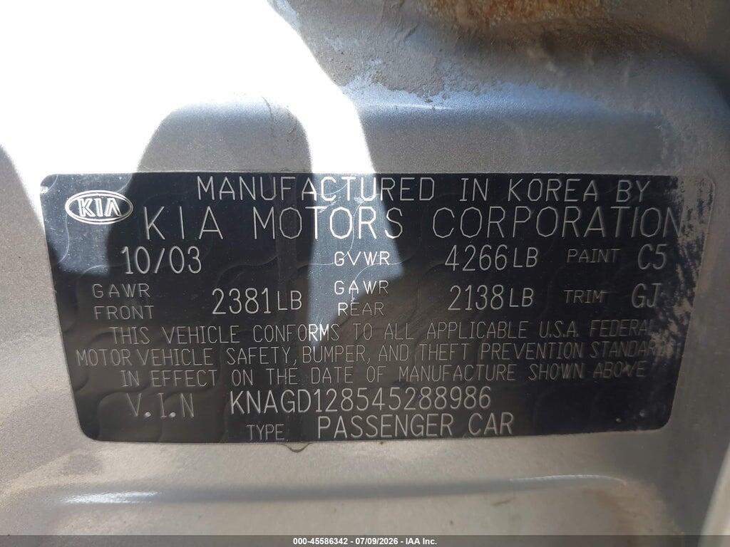 KNAGD128545288986 2004 KIA OPTIMA photo no. 9