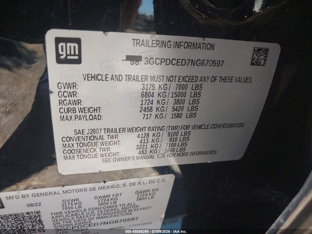 3GCPDCED7NG670597 2022 CHEVROLET SILVERADO 1500 photo no. 9