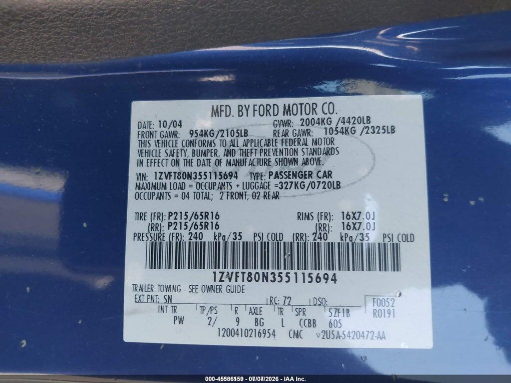 1ZVFT80N355115694 2005 FORD MUSTANG photo no. 9