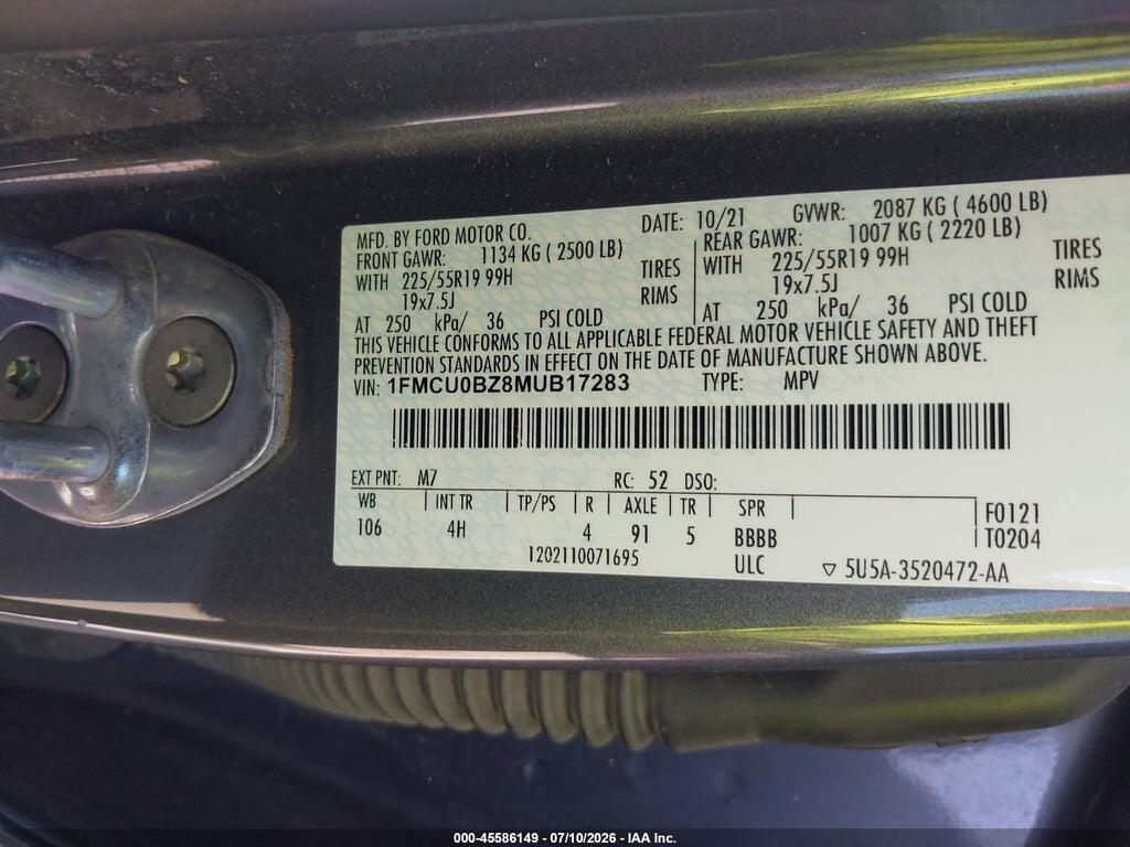 1FMCU0BZ8MUB17283 2021 FORD ESCAPE photo no. 9