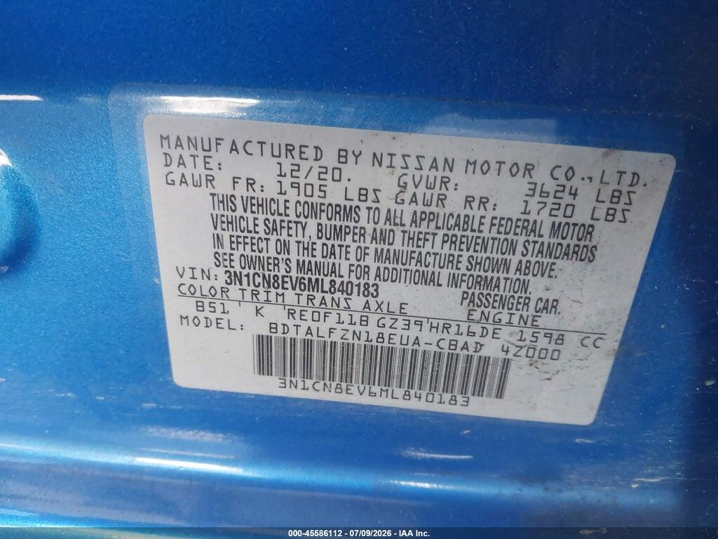 3N1CN8EV6ML840183 2021 NISSAN VERSA photo no. 9