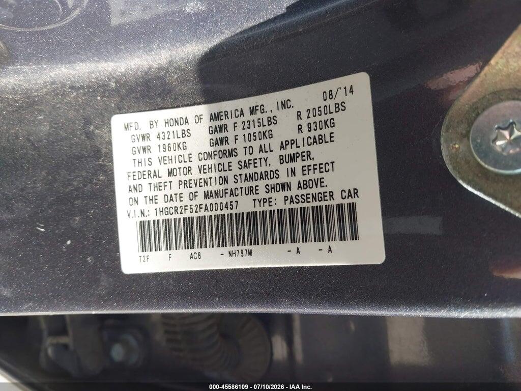 1HGCR2F52FA000457 2015 HONDA ACCORD photo no. 9