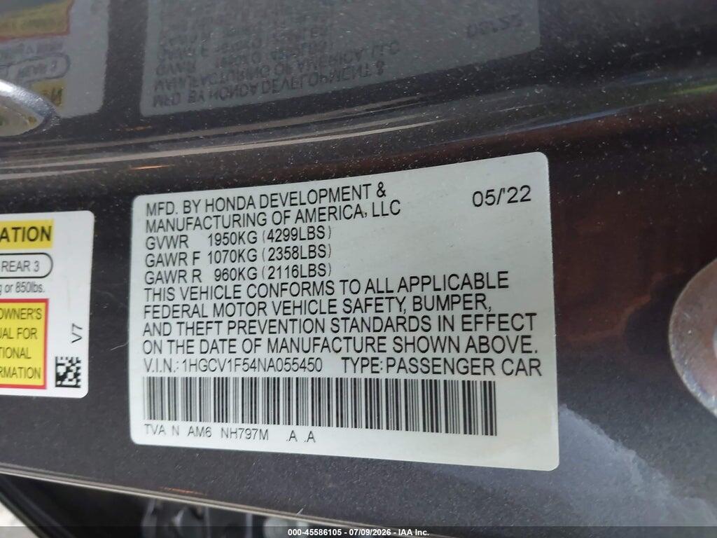1HGCV1F54NA055450 2022 HONDA ACCORD photo no. 9