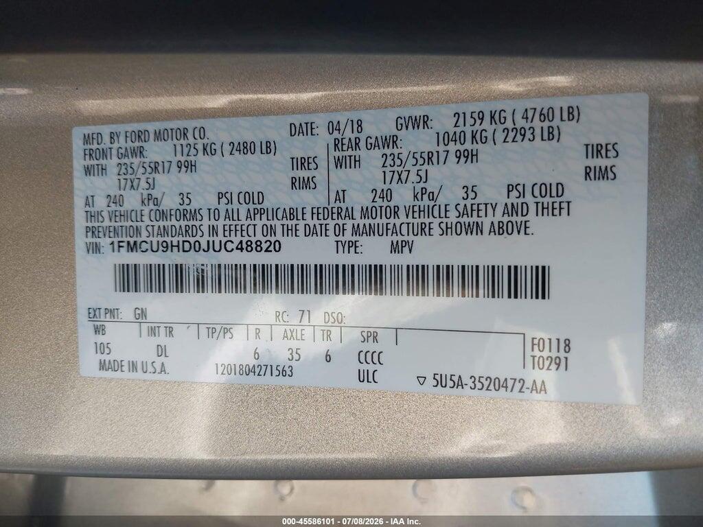 1FMCU9HD0JUC48820 2018 FORD ESCAPE photo no. 9