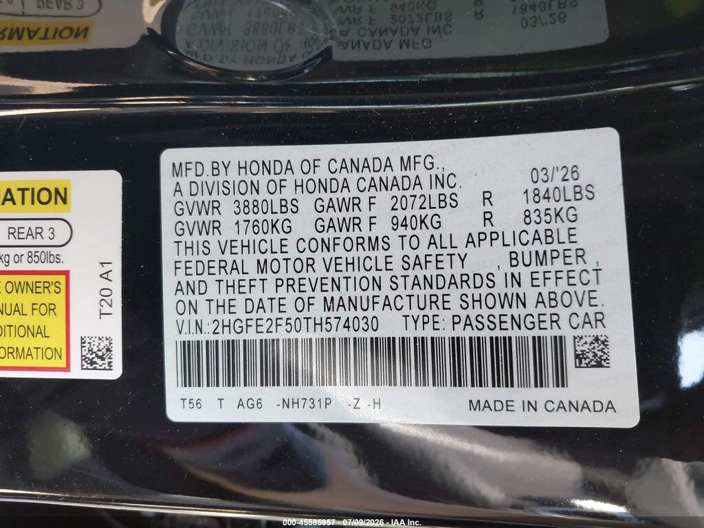 2HGFE2F50TH574030 2026 HONDA CIVIC photo no. 9