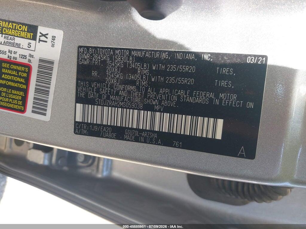 5TDJZRAH2MS059038 2021 TOYOTA HIGHLANDER photo no. 9