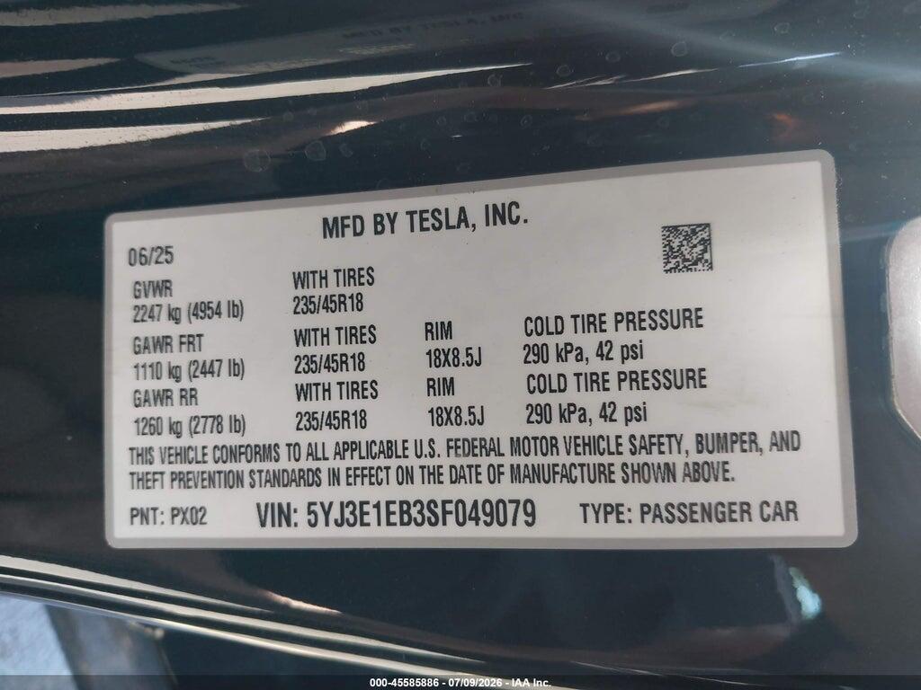 5YJ3E1EB3SF049079 2025 TESLA MODEL 3 photo no. 9