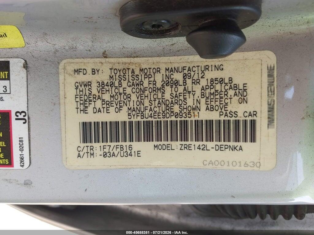 5YFBU4EE9DP093511 2013 TOYOTA COROLLA photo no. 9