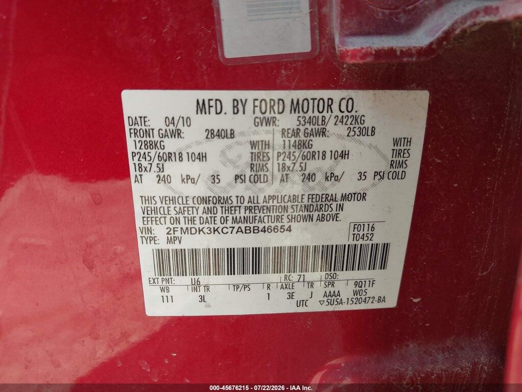 2FMDK3KC7ABB46654 2010 FORD EDGE photo no. 9