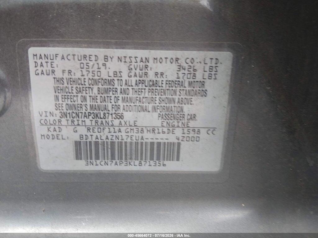 3N1CN7AP3KL871356 2019 NISSAN VERSA photo no. 9