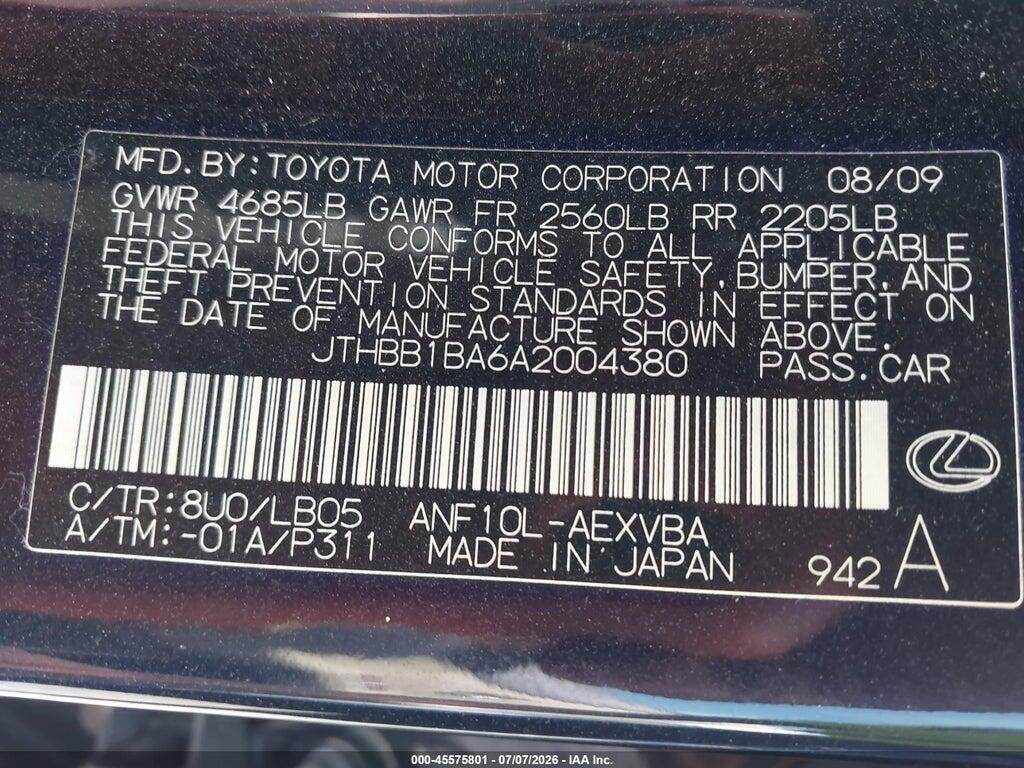 JTHBB1BA6A2004380 2010 LEXUS HS 250H photo no. 9
