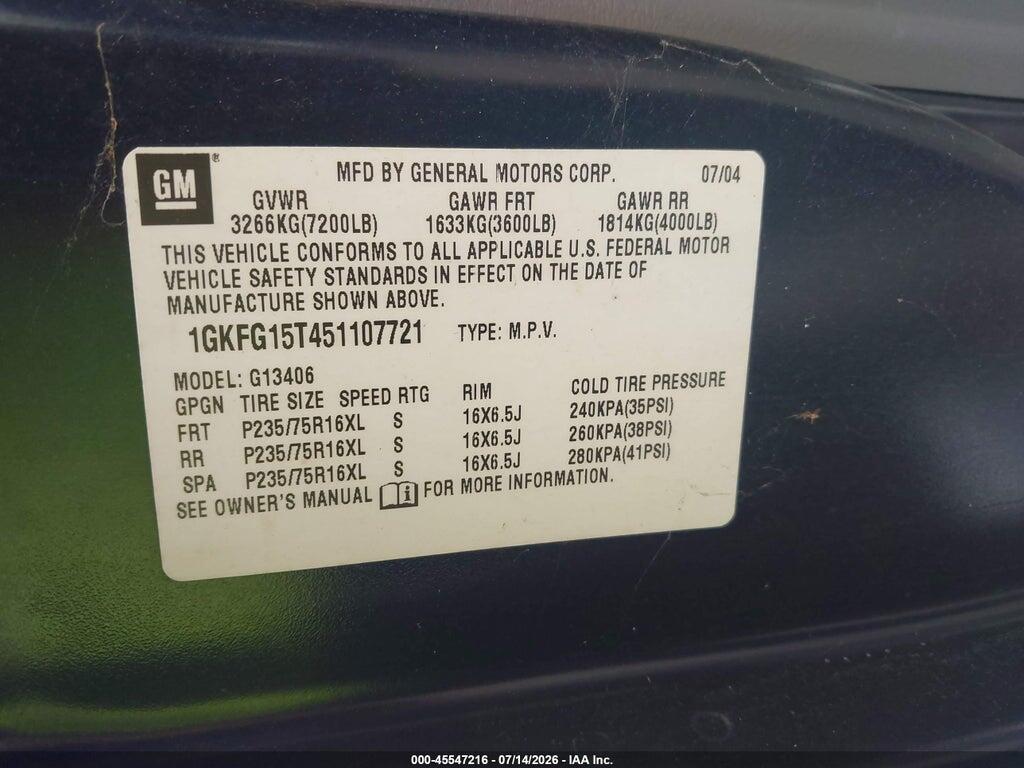 1GKFG15T451107721 2005 GMC SAVANA PASSENGER photo no. 9