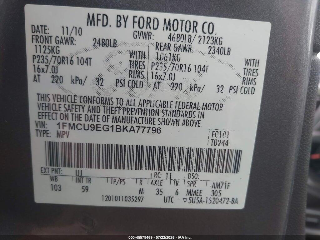 1FMCU9EG1BKA77796 2011 FORD ESCAPE photo no. 9