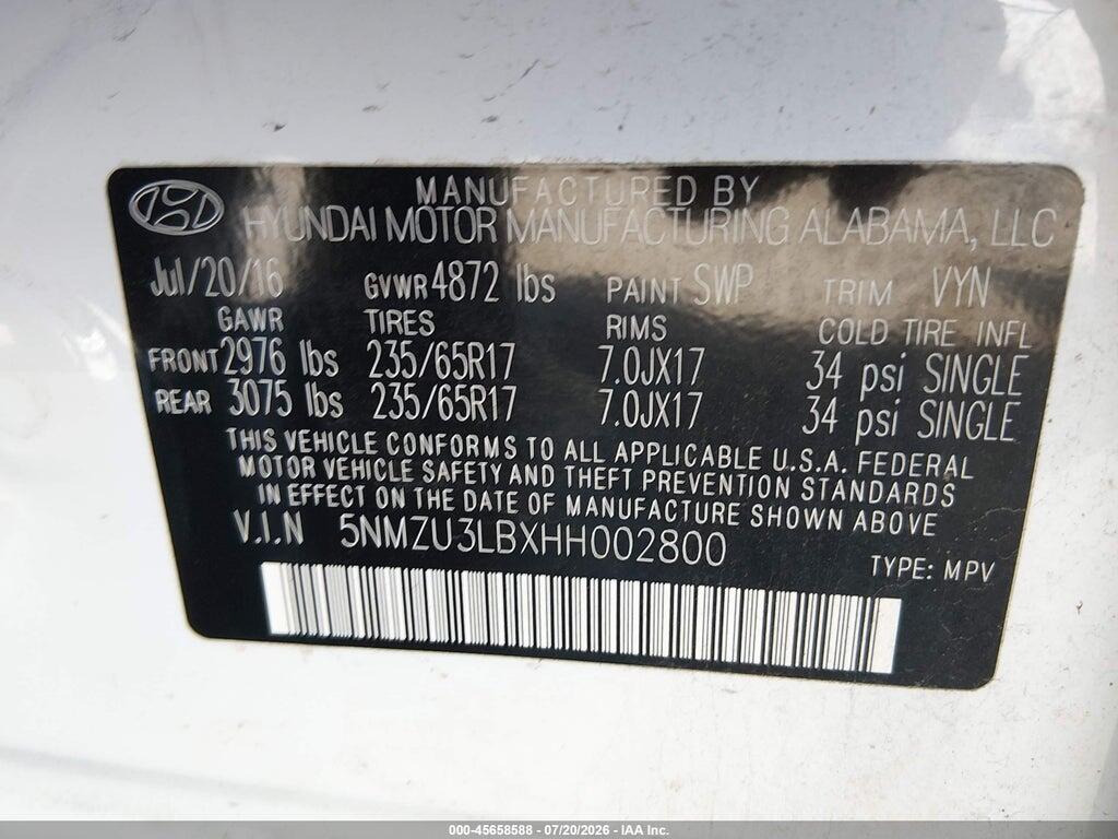 5NMZU3LBXHH002800 2017 HYUNDAI SANTA FE SPORT photo no. 9