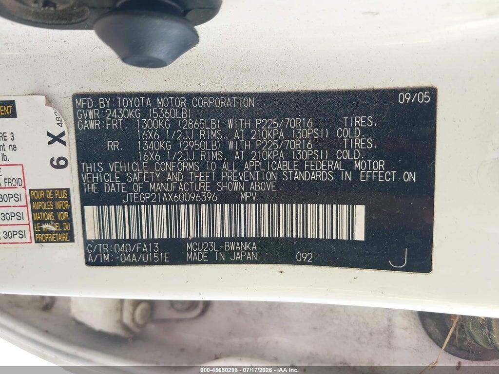 JTEGP21AX60096396 2006 TOYOTA HIGHLANDER photo no. 9