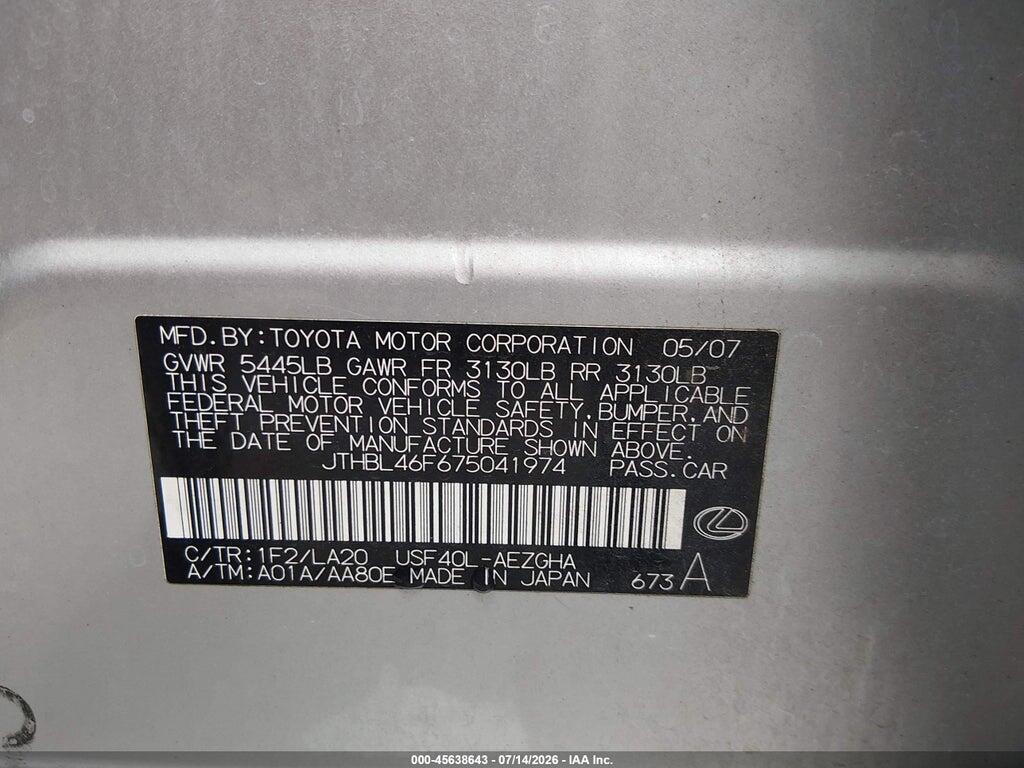JTHBL46F675041974 2007 LEXUS LS 460 photo no. 9