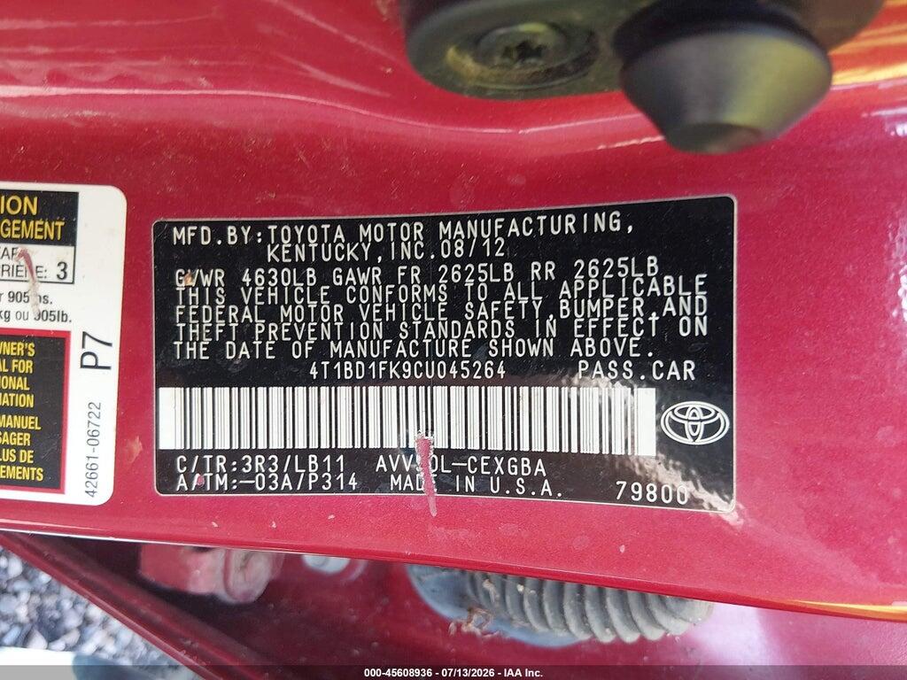 4T1BD1FK9CU045264 2012 TOYOTA CAMRY HYBRID photo no. 9