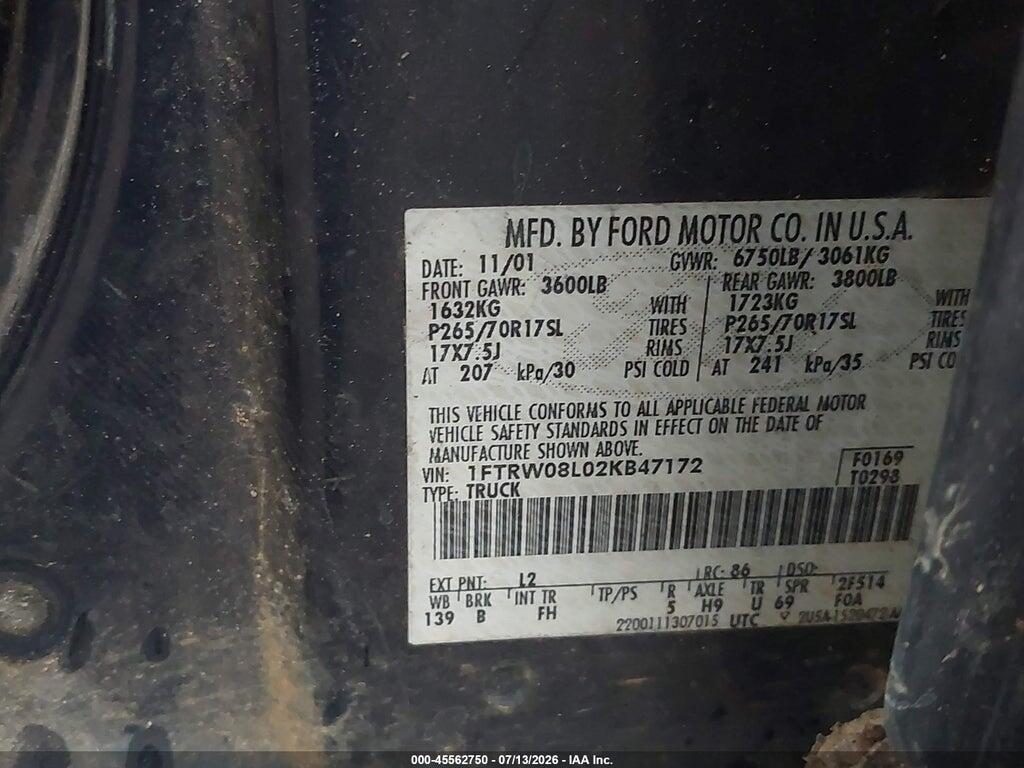 1FTRW08L02KB47172 2002 FORD F-150 photo no. 9