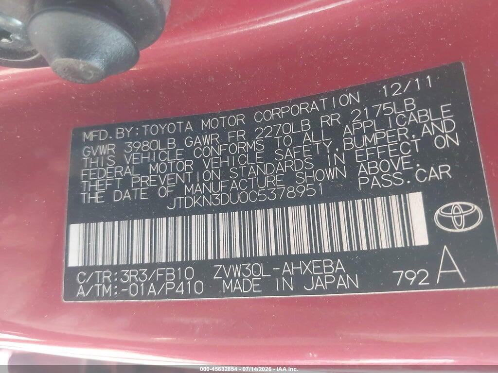 JTDKN3DU0C5378951 2012 TOYOTA PRIUS photo no. 9