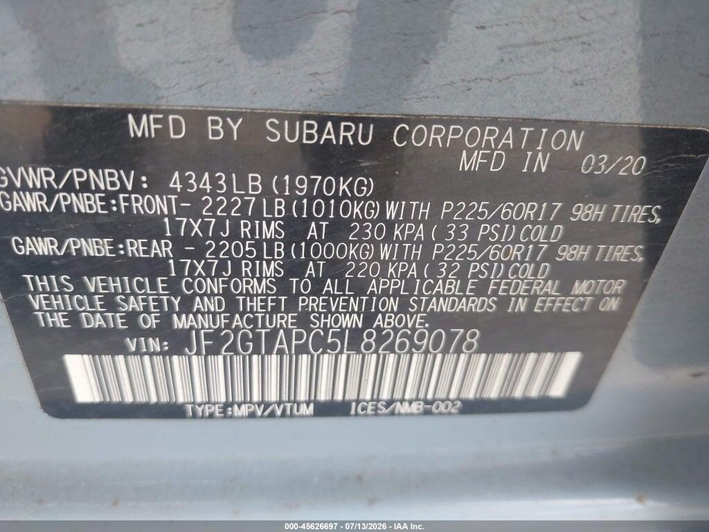 JF2GTAPC5L8269078 2020 SUBARU CROSSTREK photo no. 9