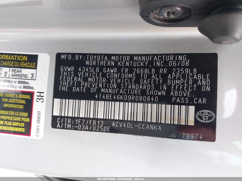 4T4BE46K09R080840 2009 TOYOTA CAMRY photo no. 9