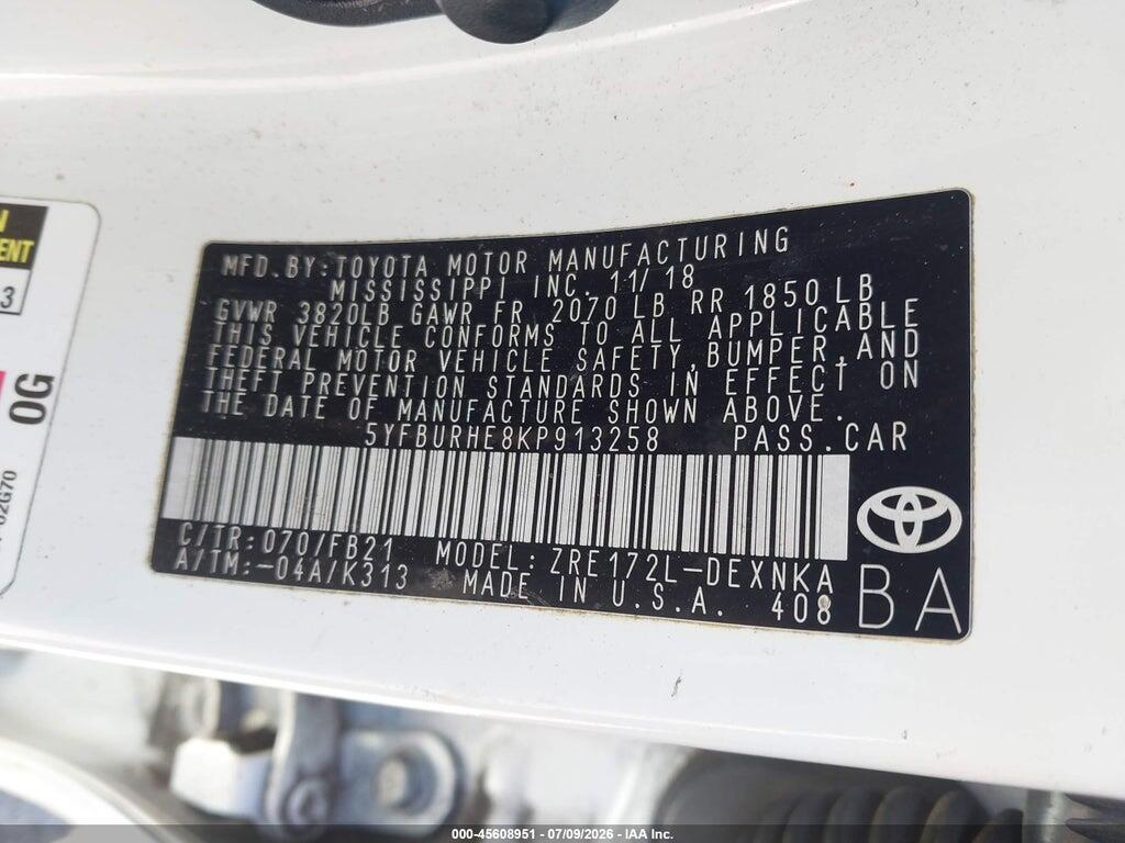 5YFBURHE8KP913258 2019 TOYOTA COROLLA photo no. 9