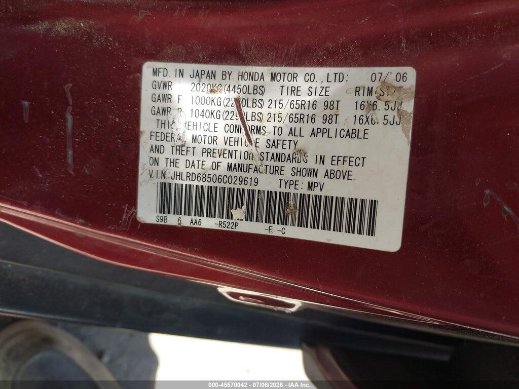 JHLRD68506C029619 2006 HONDA CR-V photo no. 9