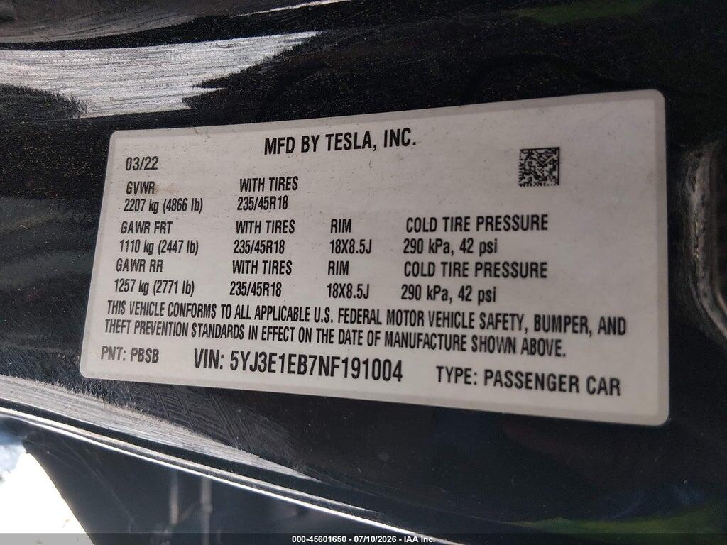 5YJ3E1EB7NF191004 2022 TESLA MODEL 3 photo no. 9