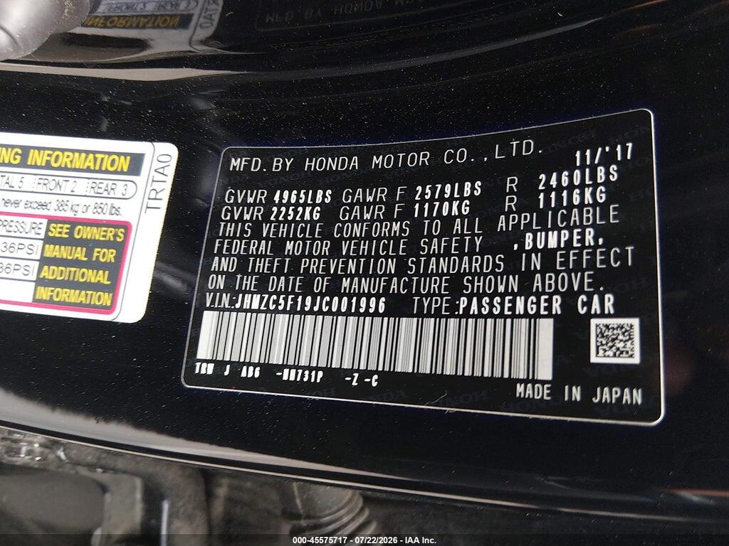JHMZC5F19JC001996 2018 HONDA CLARITY PLUG-IN HYBRID photo no. 9