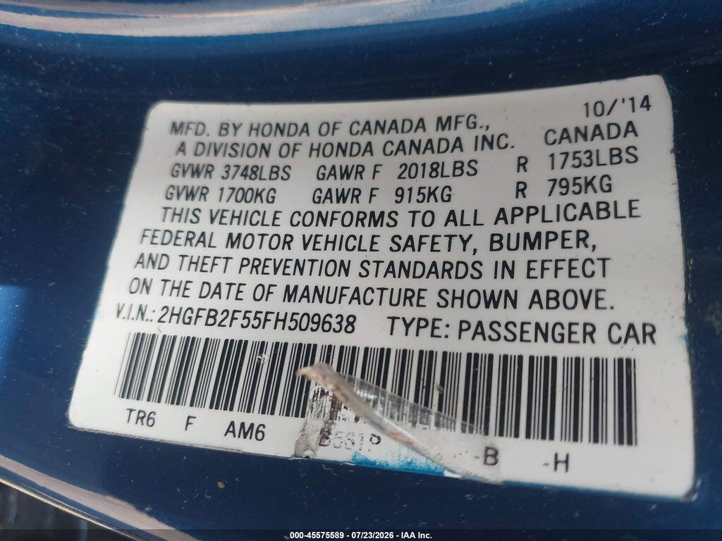 2HGFB2F55FH509638 2015 HONDA CIVIC photo no. 9