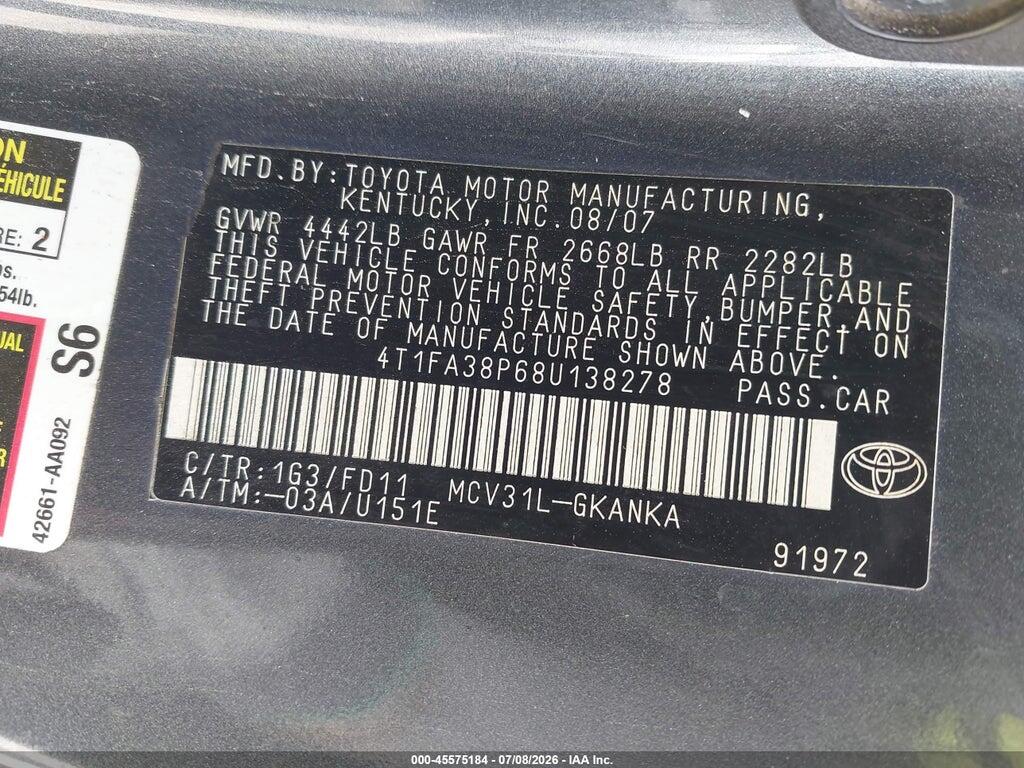 4T1FA38P68U138278 2008 TOYOTA CAMRY SOLARA photo no. 9