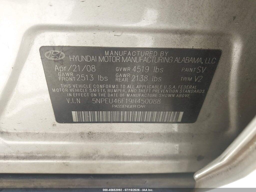 5NPEU46F19H450088 2009 HYUNDAI SONATA photo no. 9