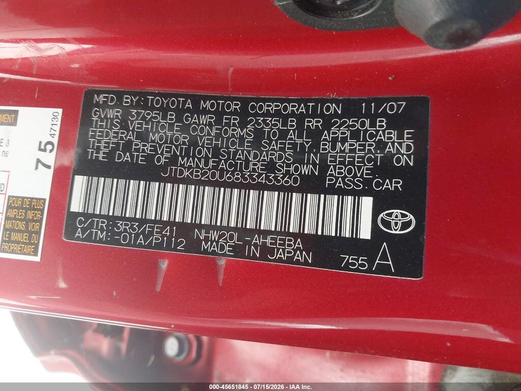 JTDKB20U683343360 2008 TOYOTA PRIUS photo no. 9