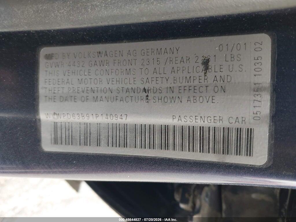 WVWPD63B91P140947 2001 VOLKSWAGEN PASSAT photo no. 9