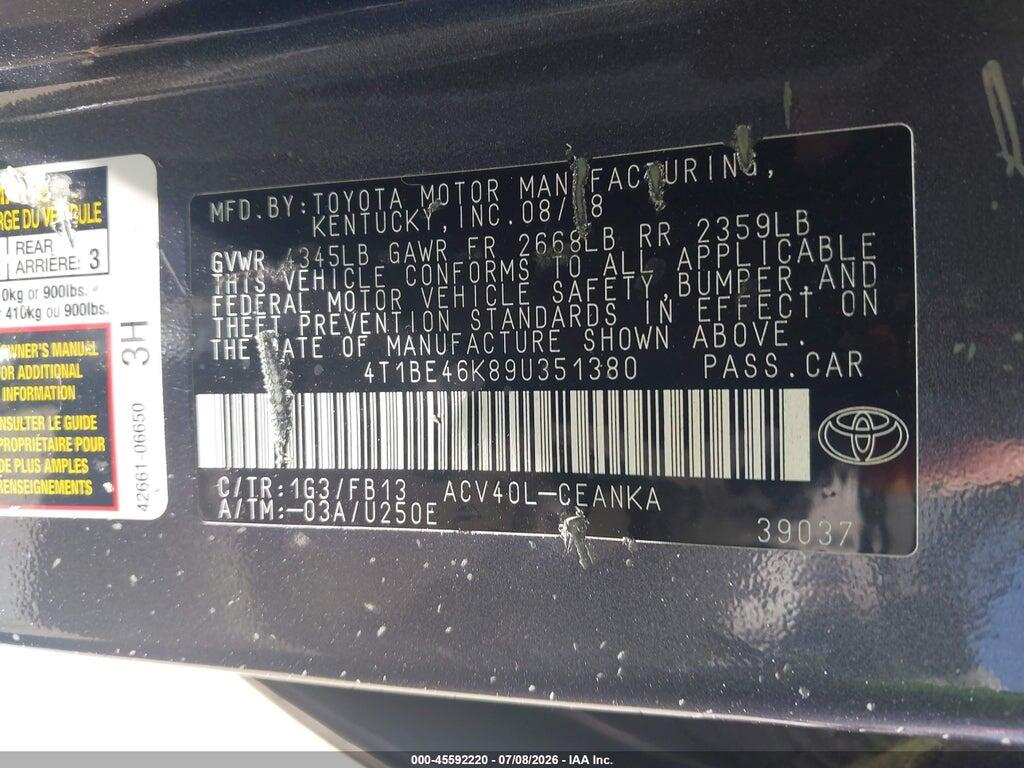 4T1BE46K89U351380 2009 TOYOTA CAMRY photo no. 9