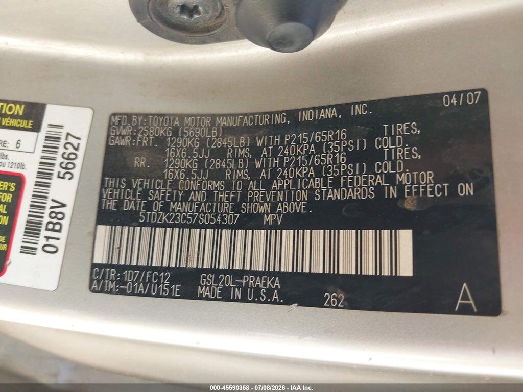 5TDZK23C57S054307 2007 TOYOTA SIENNA photo no. 9