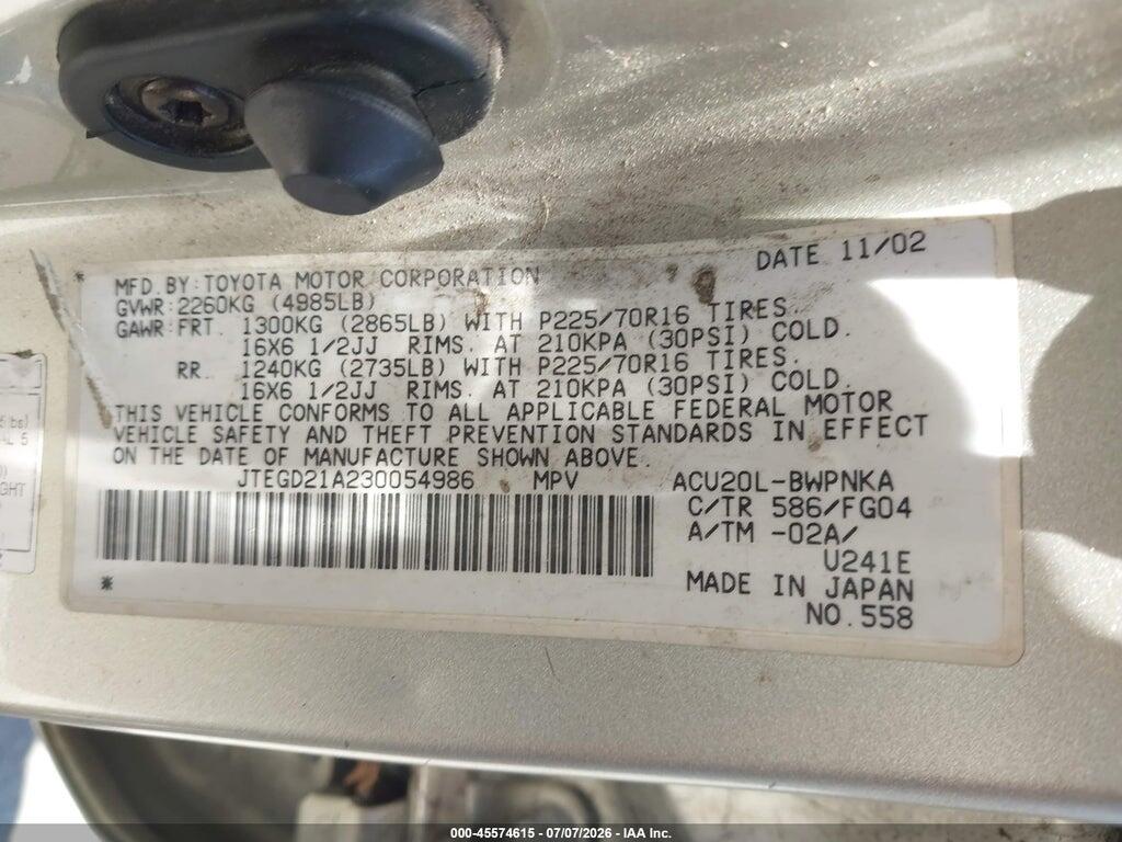 JTEGD21A230054986 2003 TOYOTA HIGHLANDER photo no. 9