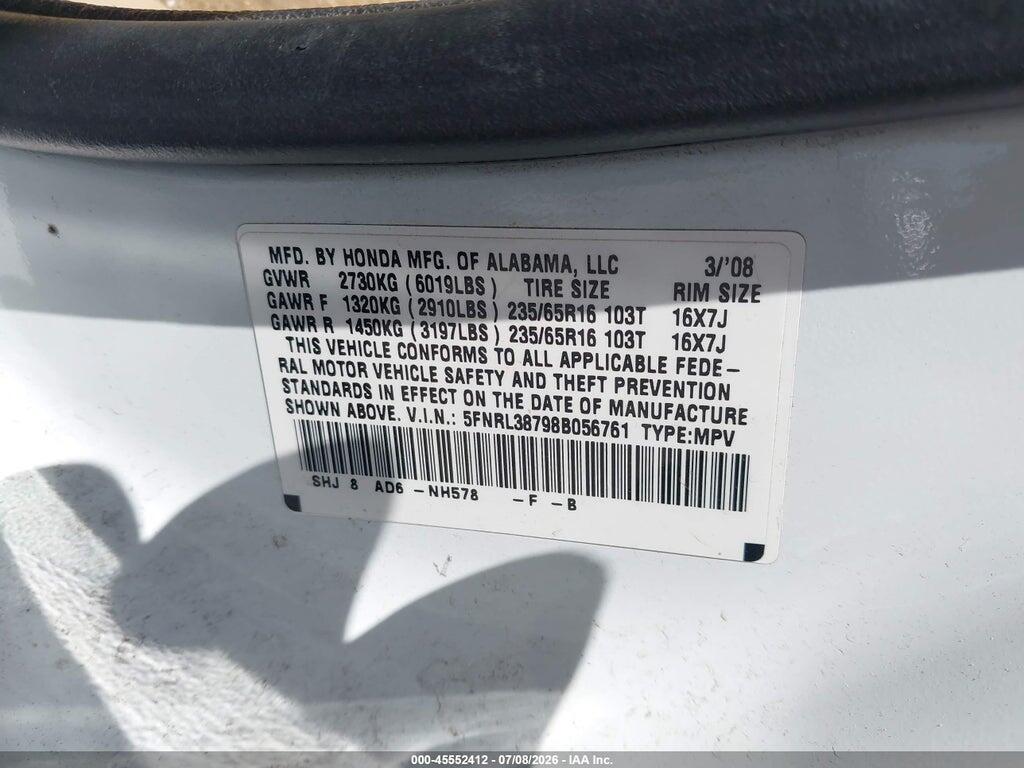 5FNRL38798B056761 2008 HONDA ODYSSEY photo no. 9