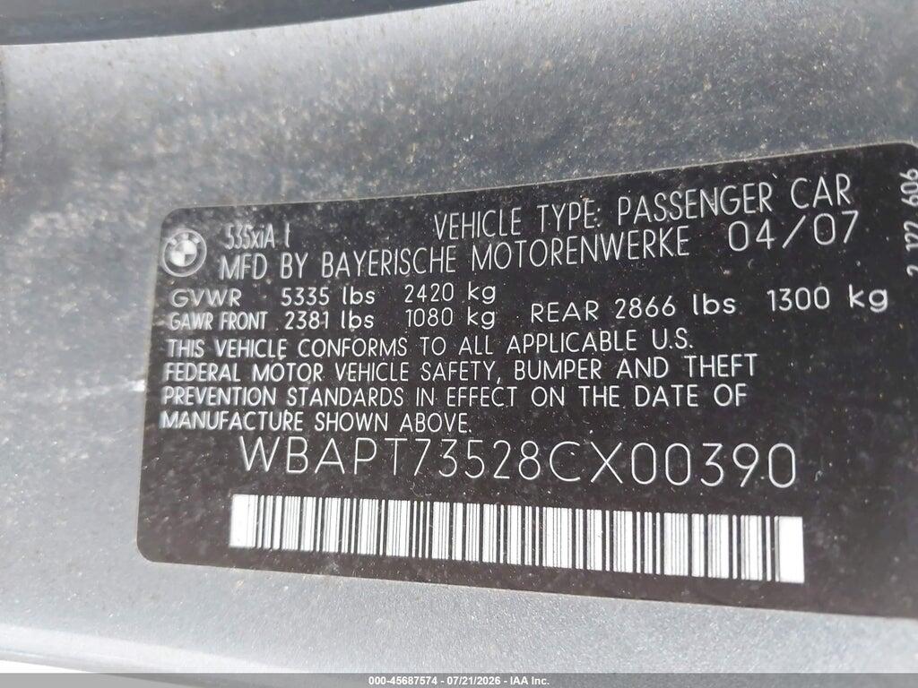 WBAPT73528CX00390 2008 BMW 535XI photo no. 9