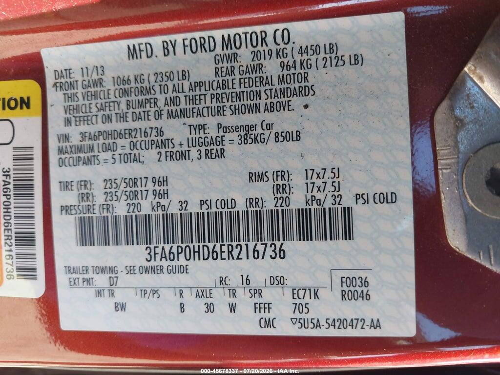 3FA6P0HD6ER216736 2014 FORD FUSION photo no. 9