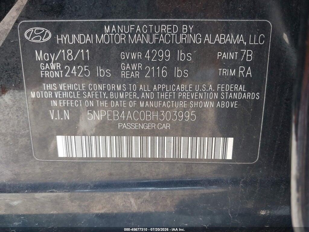 5NPEB4AC0BH303995 2011 HYUNDAI SONATA photo no. 9
