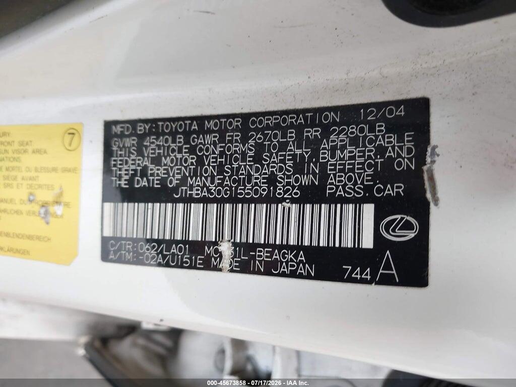 JTHBA30G155091826 2005 LEXUS ES 330 photo no. 9