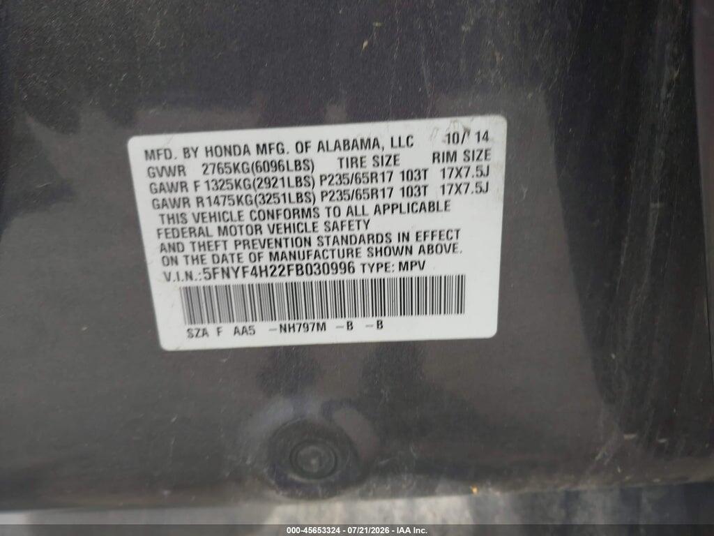 5FNYF4H22FB030996 2015 HONDA PILOT photo no. 9
