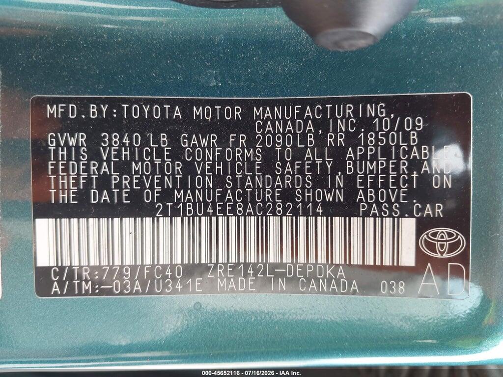2T1BU4EE8AC282114 2010 TOYOTA COROLLA photo no. 9