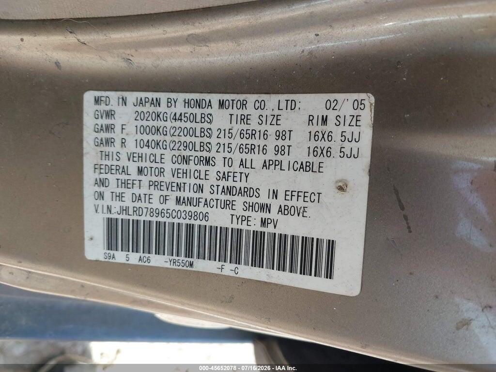 JHLRD78965C039806 2005 HONDA CR-V photo no. 9