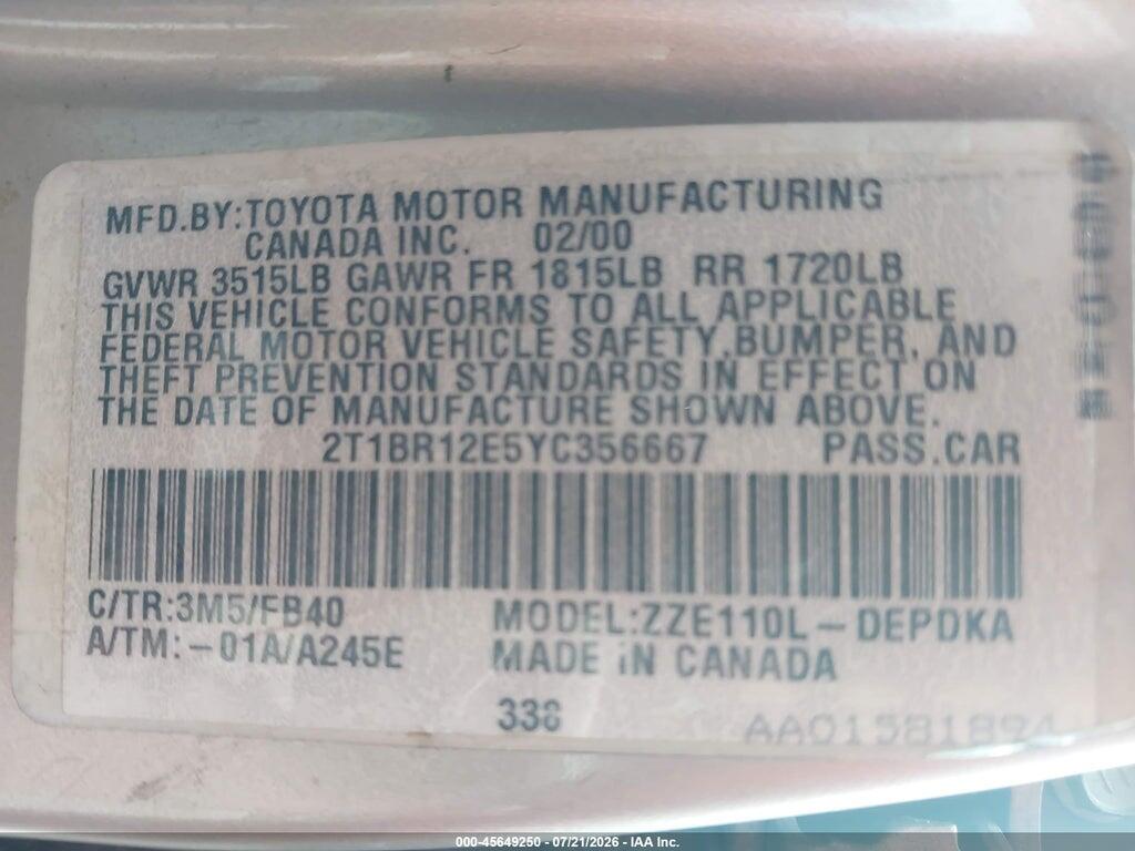 2T1BR12E5YC356667 2000 TOYOTA COROLLA photo no. 9